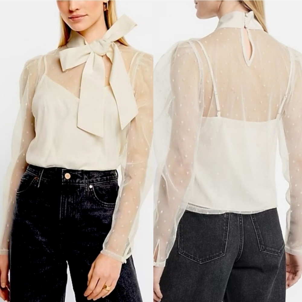 Express Tulle Polka Dot Tie Mock Neck Puff Sleeve Top Cream XS